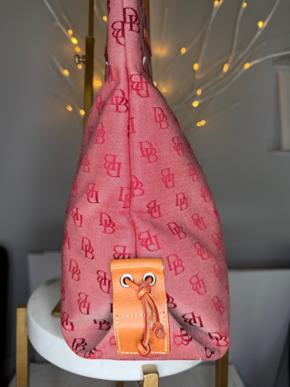 Dooney and Burke EUC like new pink/ted tassel shoulder tote 14 X 11 1/2 5 deep - Picture 2 of 9